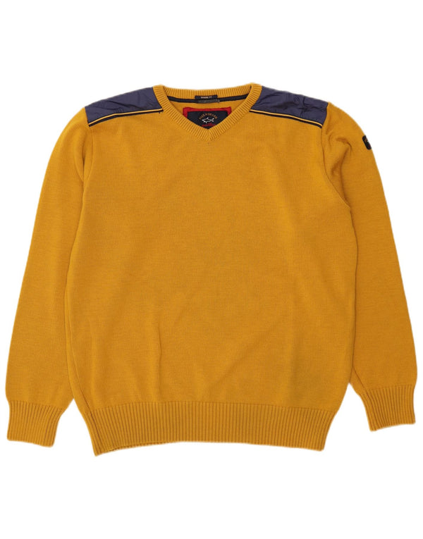 Pulover pentru bărbați Paul & Shark, cu decolteu în V, 2XL, lână color-bloc galbenă