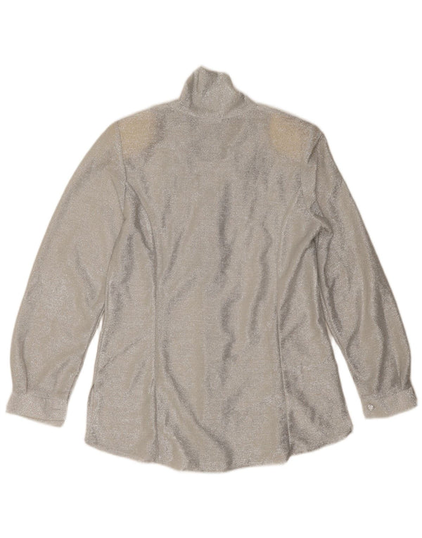 Bluză vintage pentru femei cu cămașă cu cravată în față UK 12 Medium Argintiu pete