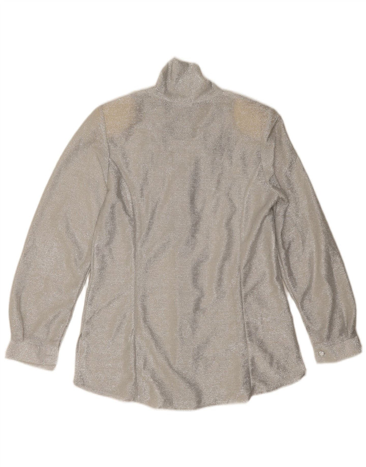 Bluză vintage pentru femei cu cămașă cu cravată în față UK 12 Medium Argintiu pete