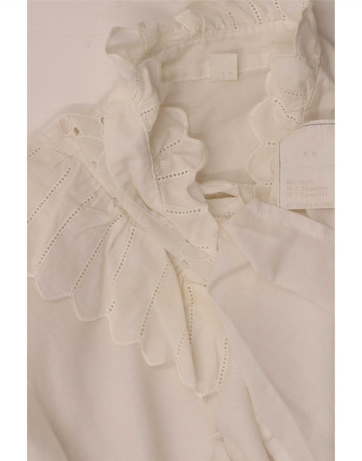 Bluză de cămașă vintage pentru femei cu mâneci 3/4 cu volan în față UK 12 Medium White