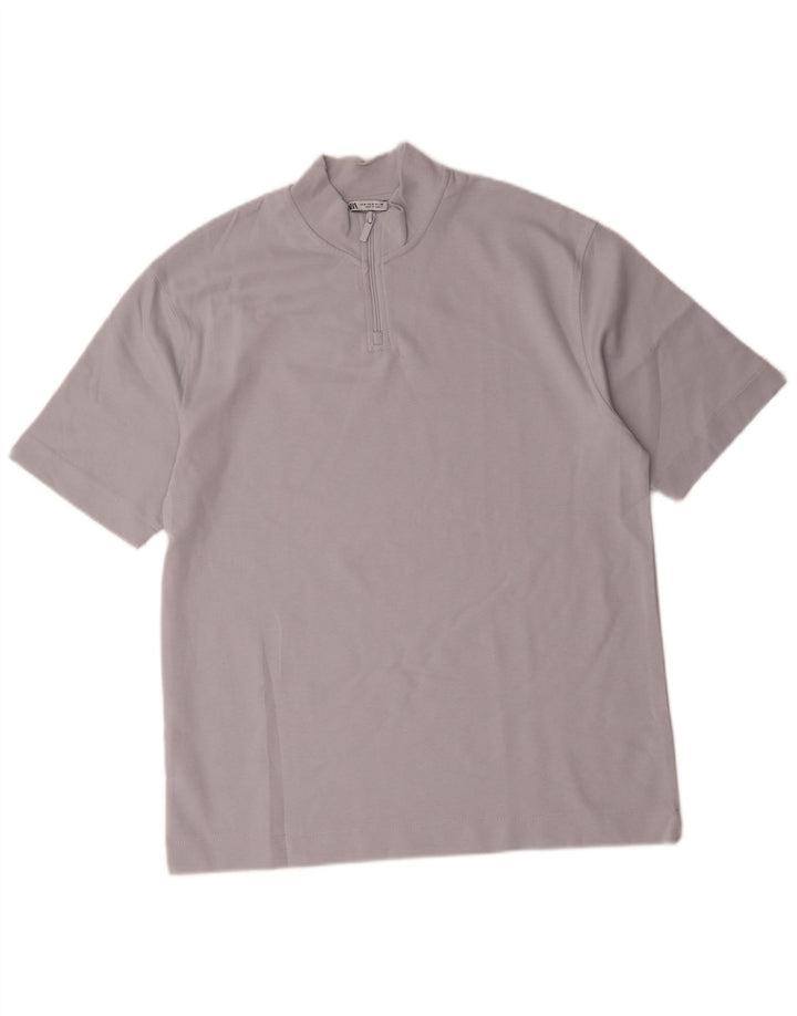 Tricou pentru bărbați Zara, cu fermoar, decolteu, bumbac albastru mediu