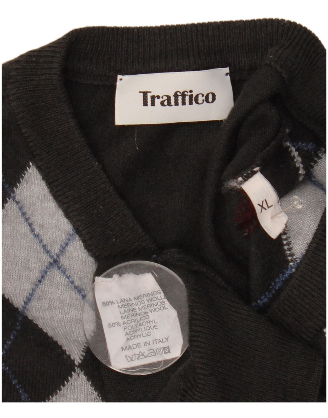 Pulover vintage pentru bărbați cu decolteu în V, XL, gri Argyle/Lână diamant