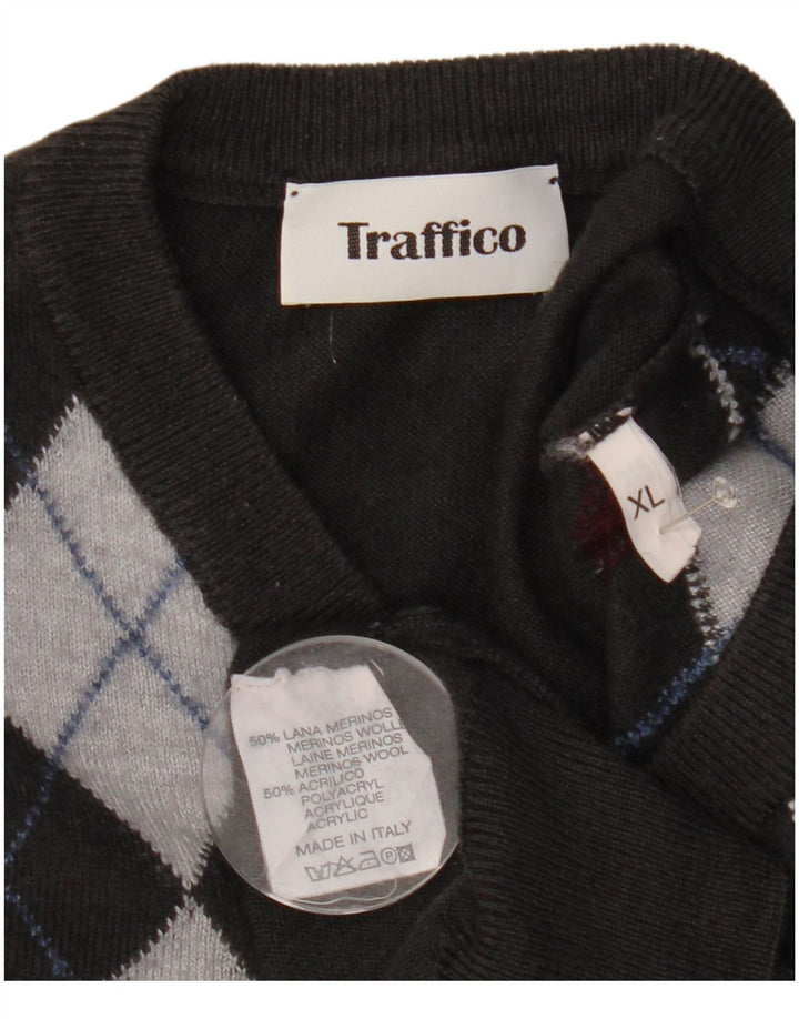 Pulover vintage pentru bărbați cu decolteu în V, XL, gri Argyle/Lână diamant