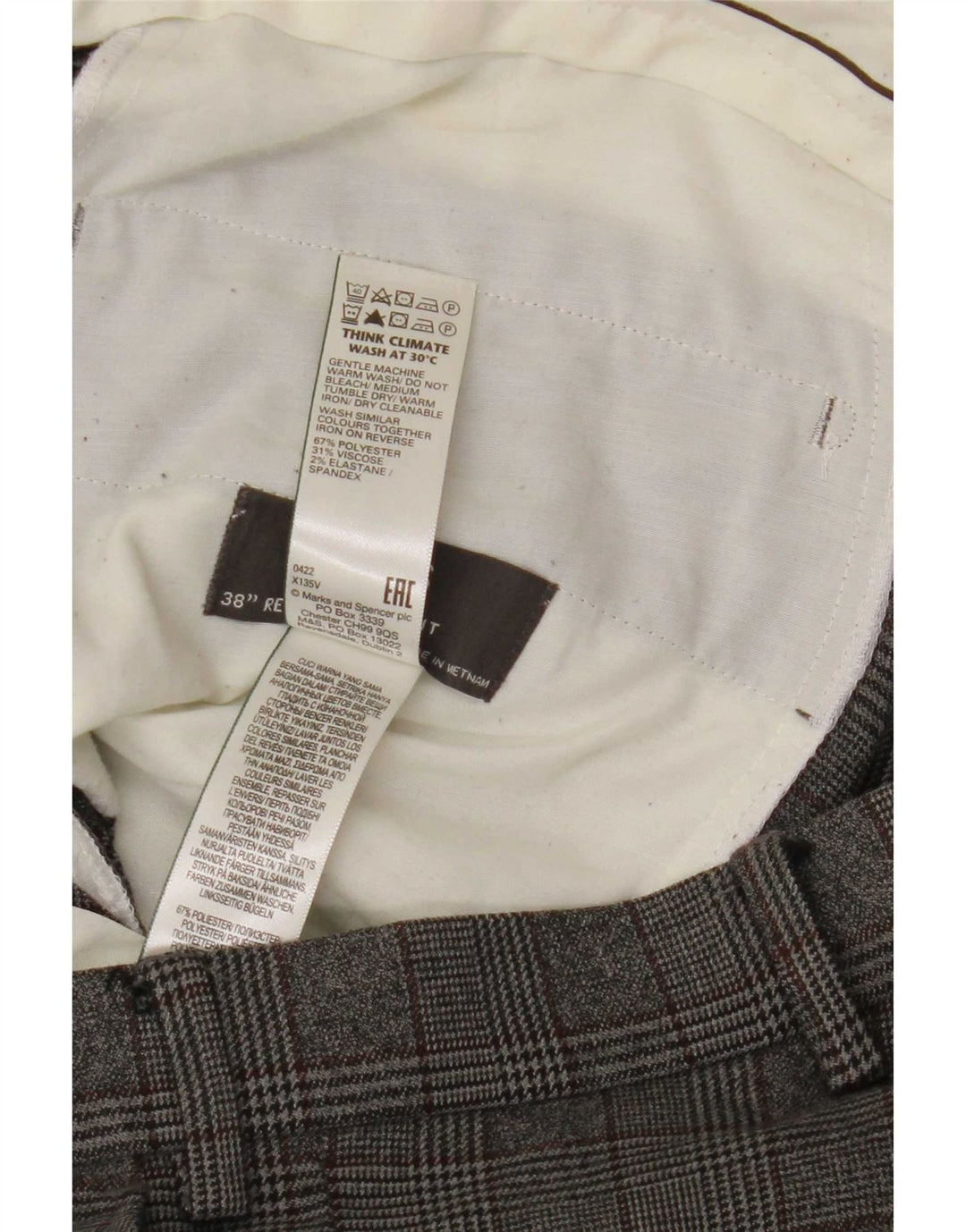 Pantaloni de costum pentru bărbați Marks & Spencer, cu tăiere obișnuită, L38 L31, poliester cu carouri gri