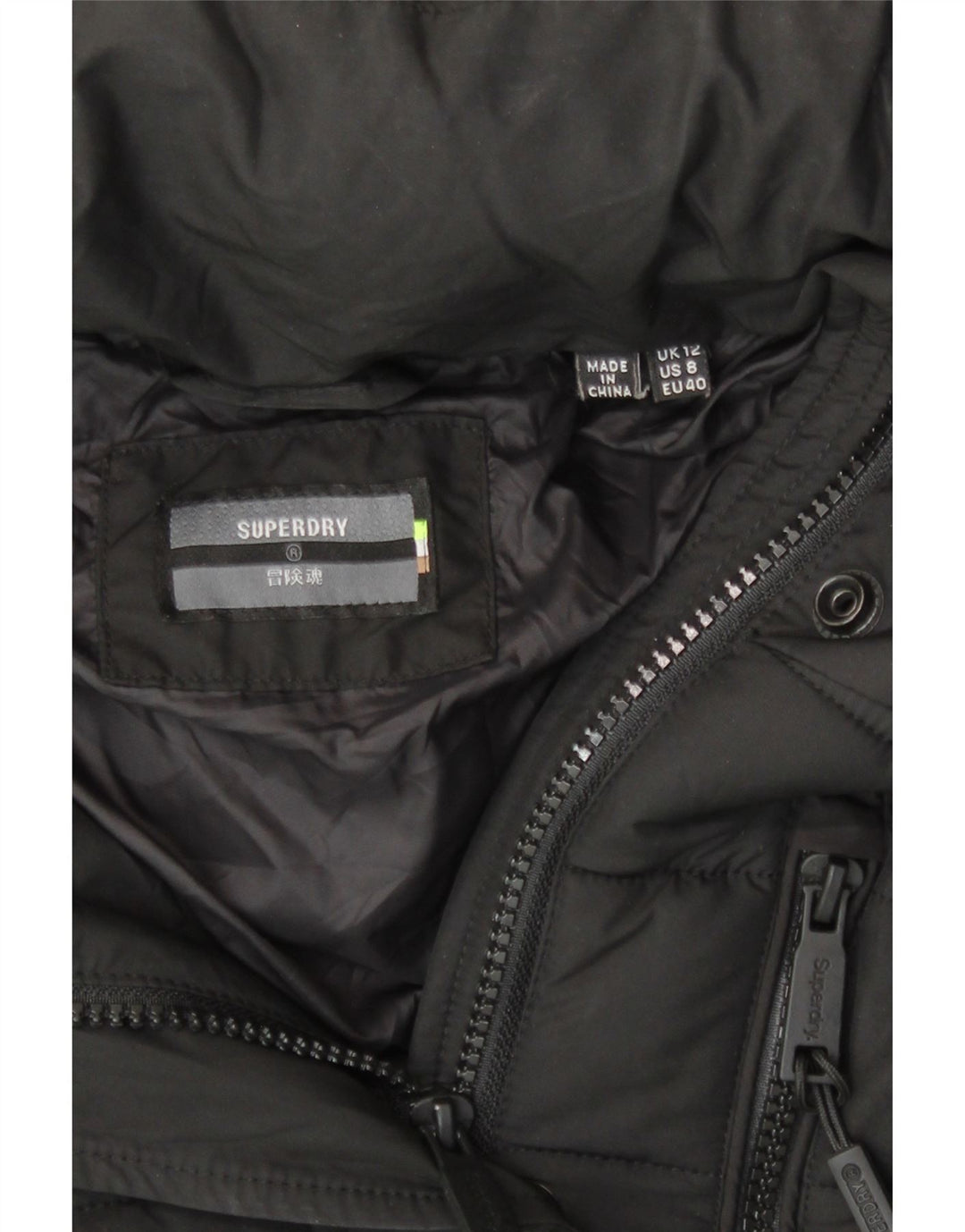 Jachetă căptușită cu glugă Superdry pentru femei UK 12 Poliester mediu negru