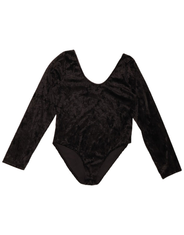 VINTAGE Body cu mânecă lungă din velur pentru femei UK 10 Poliester negru mic