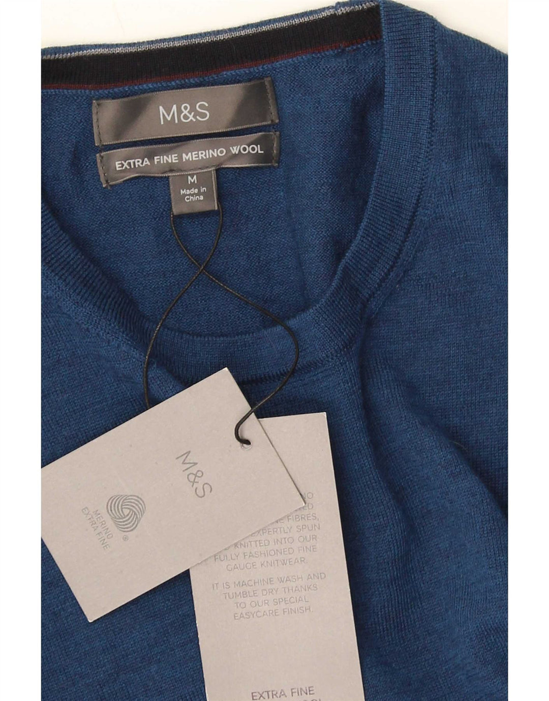 Pulover pentru bărbați Marks & Spencer, cu gât crew, lână merinos albastru mediu