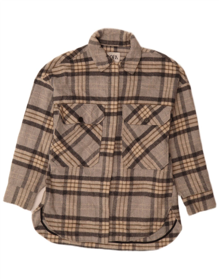Zara Womens Oversized Flannel Shirt UK 14 Medium Grey Carid Poliester