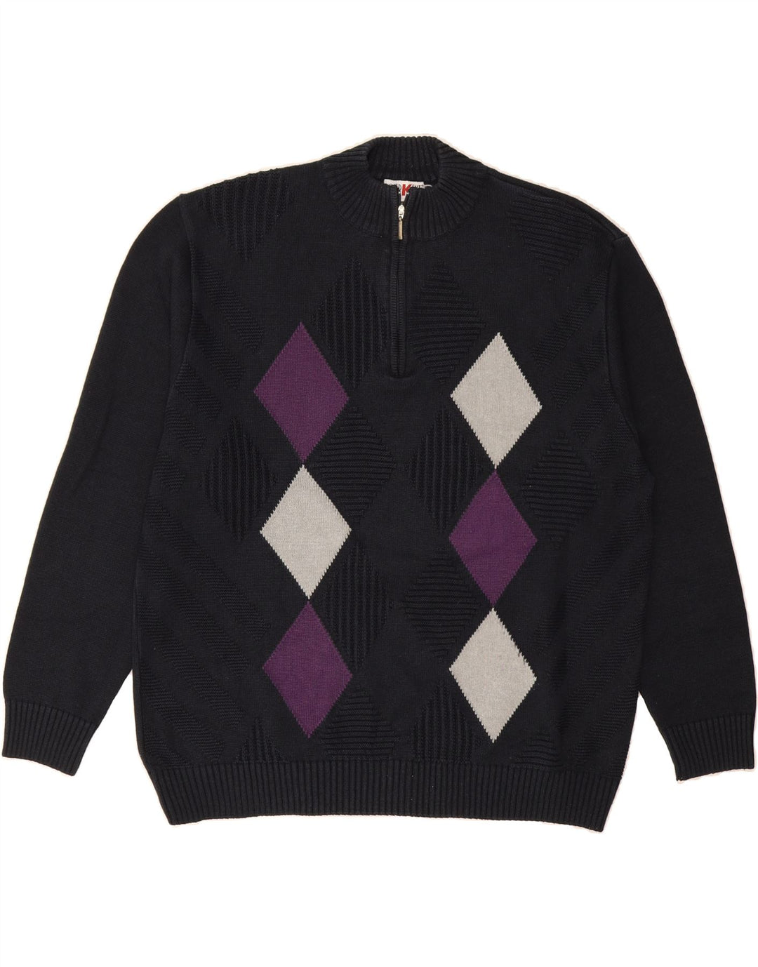 ROGER KENT Mens Zip Neck Jumper Sweater Large Navy Blue Argyle/Diamond Vintage Roger Kent and Second-Hand Roger Kent from Messina Hembry 