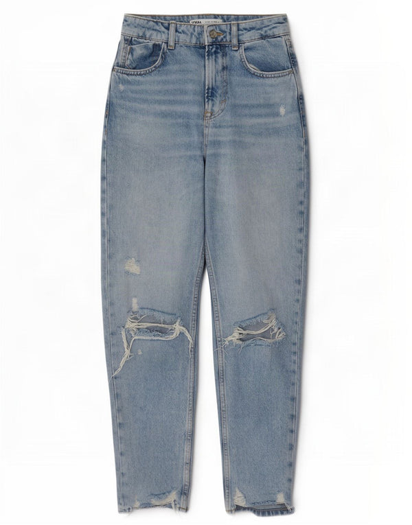 Blugi conici învechiți pentru femei cu talie înaltă Zara EU 34 2XS W24 L27 Albastru