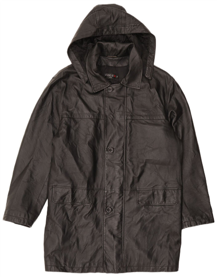 Palton din piele cu glugă pentru bărbați Studio 81 IT 54 2XL din piele neagră