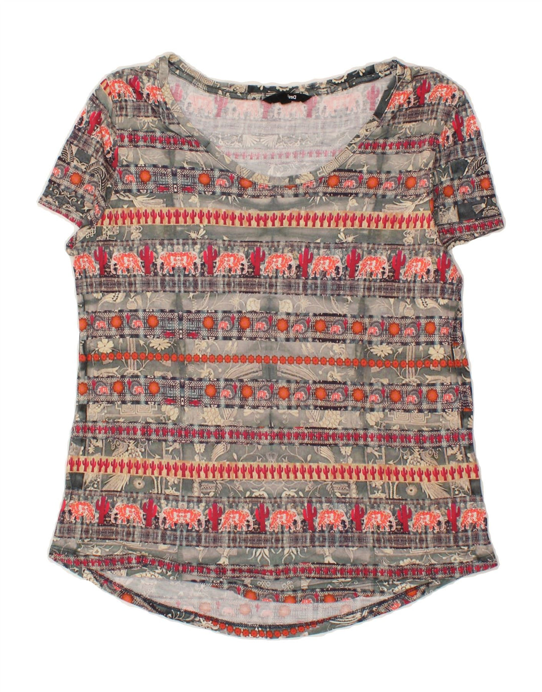 DESIGUAL Womens Abstract Pattern Graphic T-Shirt Top UK 12 Medium Grey Vintage Desigual and Second-Hand Desigual from Messina Hembry 