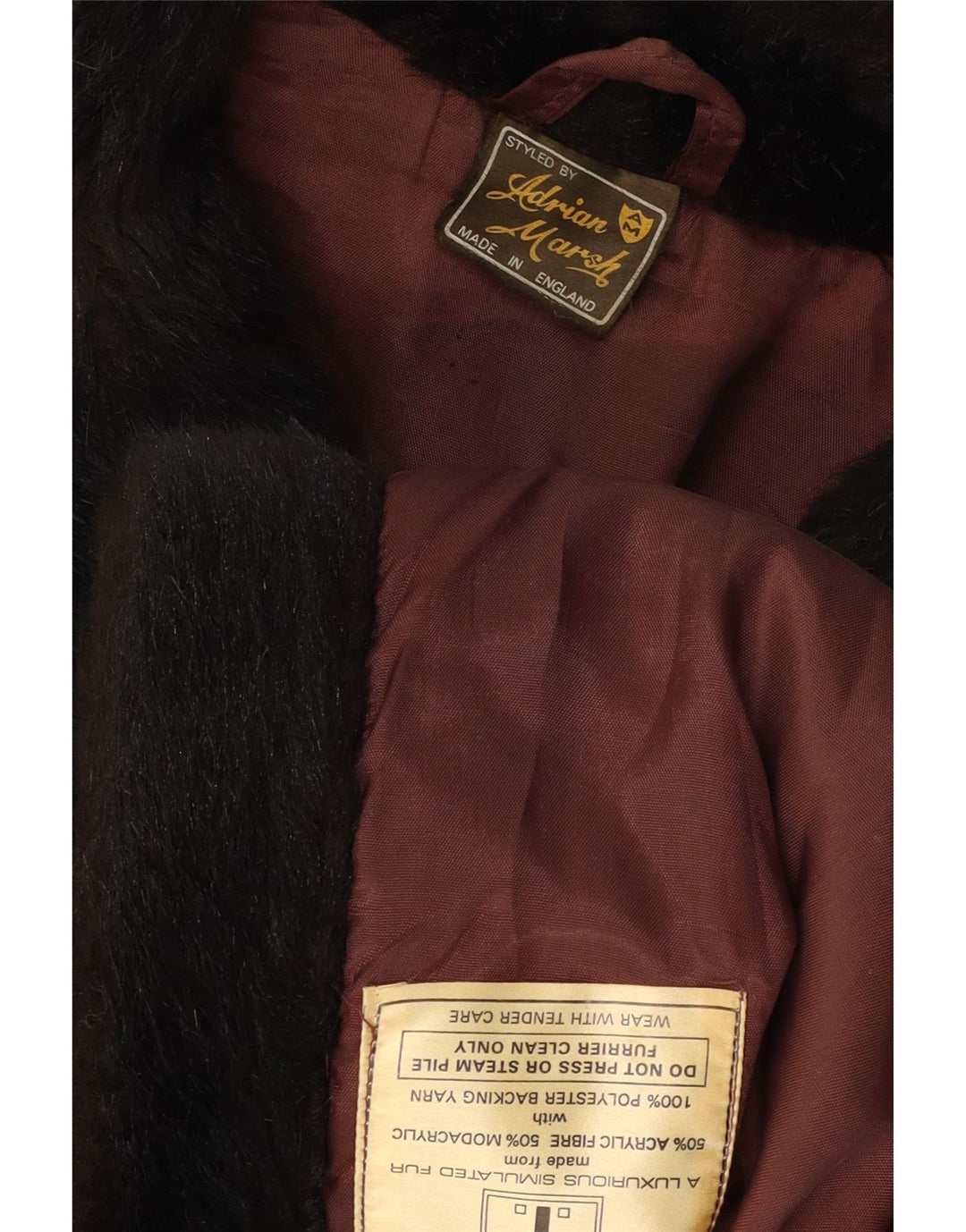 VINTAGE haină pentru femei de blană artificială cu două piepturi UK 10 mic, negru, acrilic