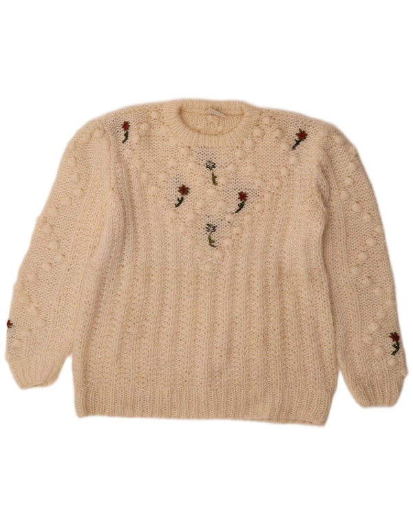 Pulover vintage pentru femei cu gât roșu, pulover UK 14, mediu, alb, floral