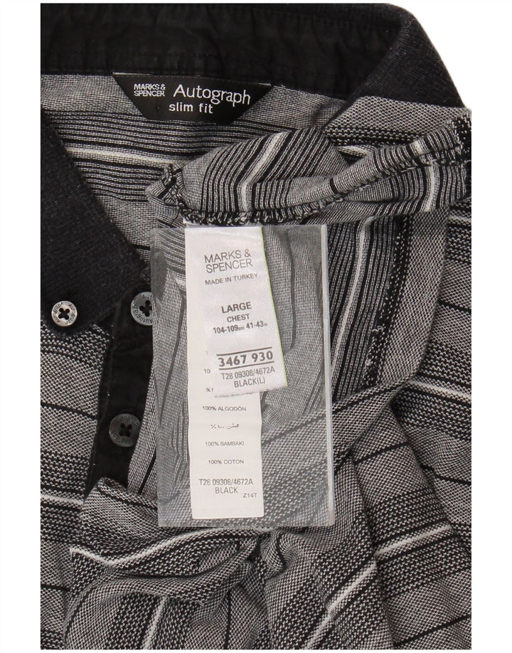 MARKS & SPENCER Mens Autograph Slim Fit Polo Shirt Large Grey Striped