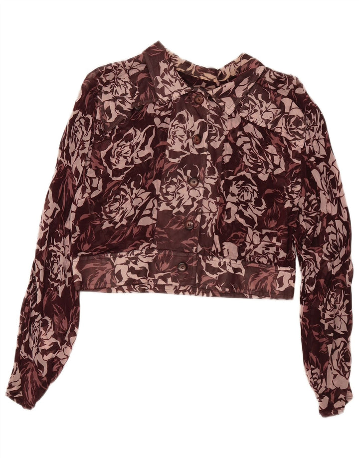 Bluză vintage pentru femei, cămașă crop UK 12 Medium Maroon Floral