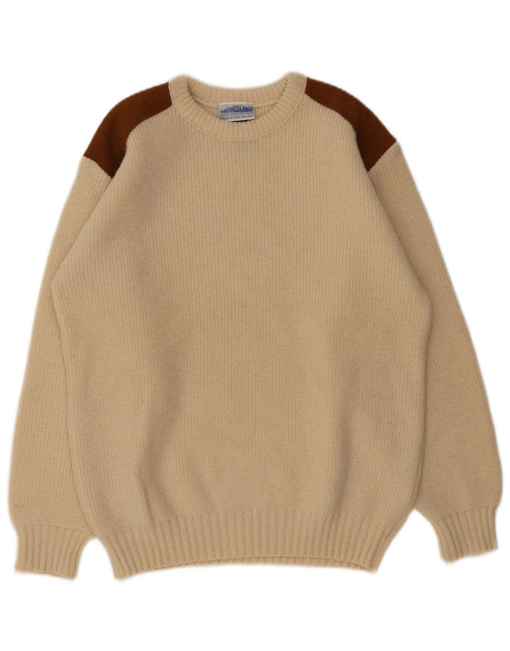 Pulover vintage pentru bărbați cu gâtul turnat, lână color-bloc, bej mediu