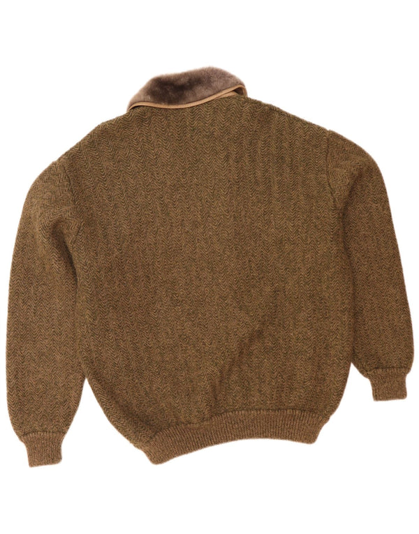 Pulover cardigan supradimensionat vintage pentru femei UK 14 Large Khaki Herringbone