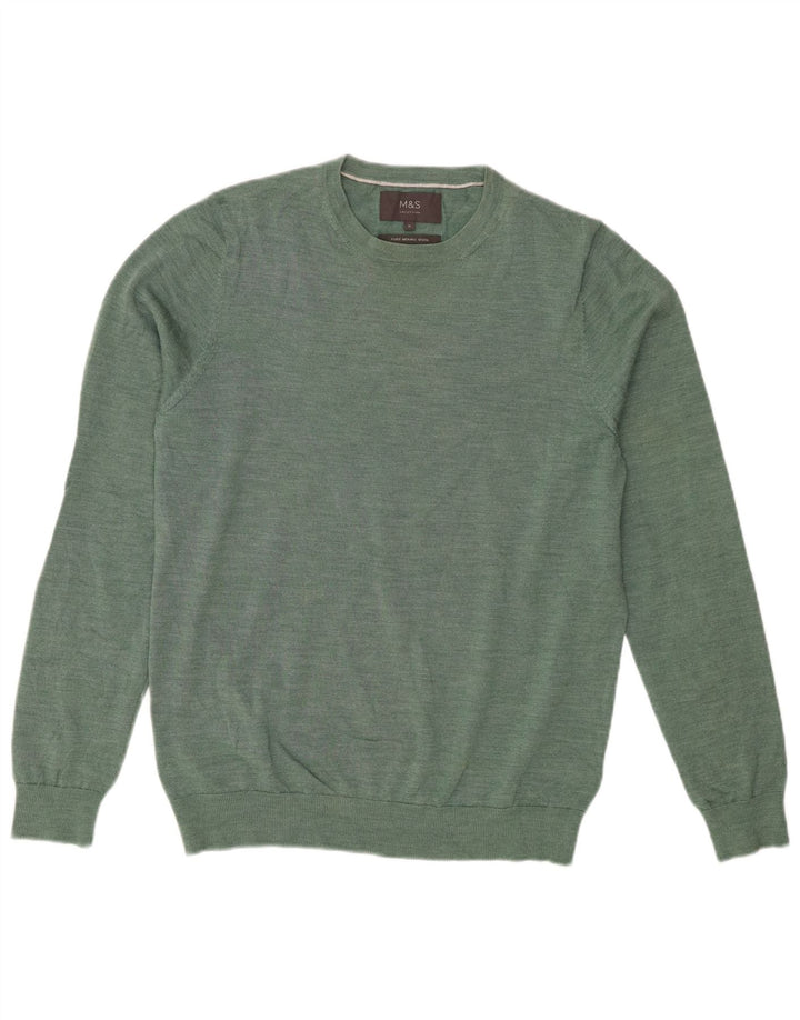 Pulover pentru bărbați Marks & Spencer cu gât crew pulover din lână merino verde mediu