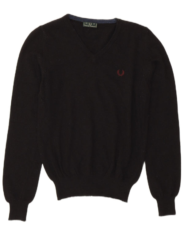 Fred Perry Womens Crop V-Neck Jumper Sweater UK 10 Small Black Merino Wool