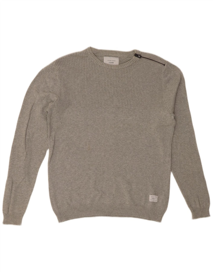 JACK & JONES Pulover pentru bărbați cu gât roșu din bumbac, gri mediu