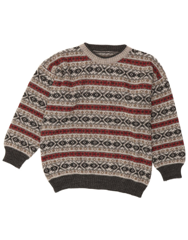 Pulover vintage pentru femei cu gât roșu, UK 16, mare, gri Fair Isle