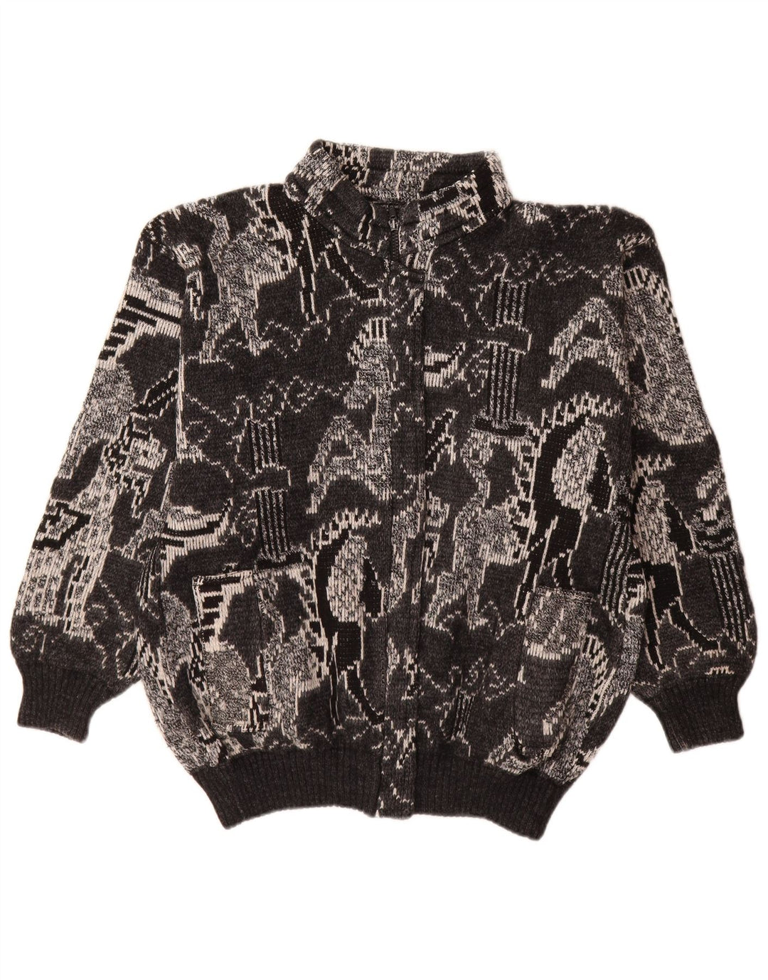 Pulover Cardigan Vintage pentru femei UK 18 XL Lână geometrică neagră