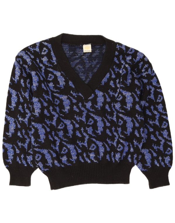 Pulover vintage pentru femei cu model abstract cu decolteu în V UK 16 mare bleumarin
