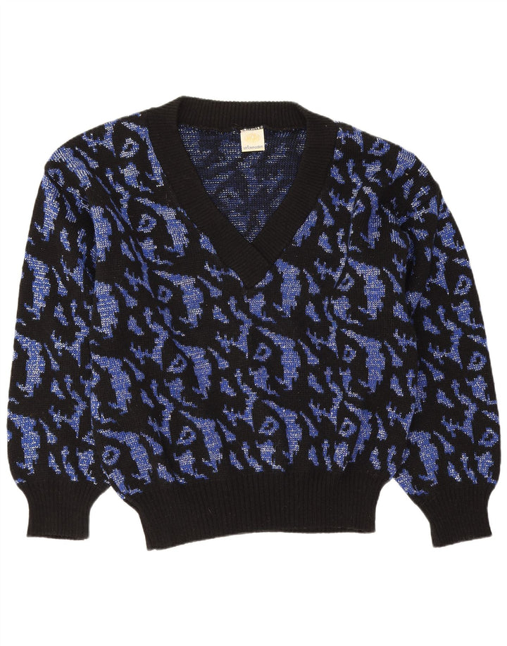 Pulover vintage pentru femei cu model abstract cu decolteu în V UK 16 mare bleumarin