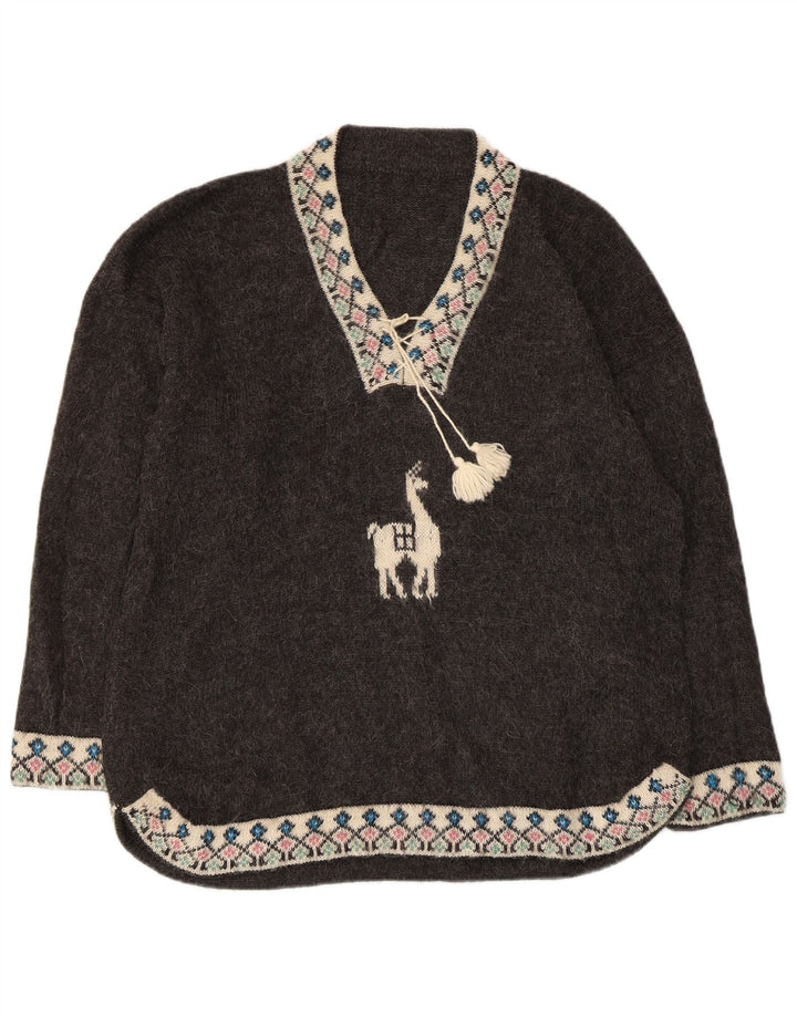 VINTAGE Pulover supradimensionat pentru femei cu decolteu în V UK 18 XL Gri Fair Isle