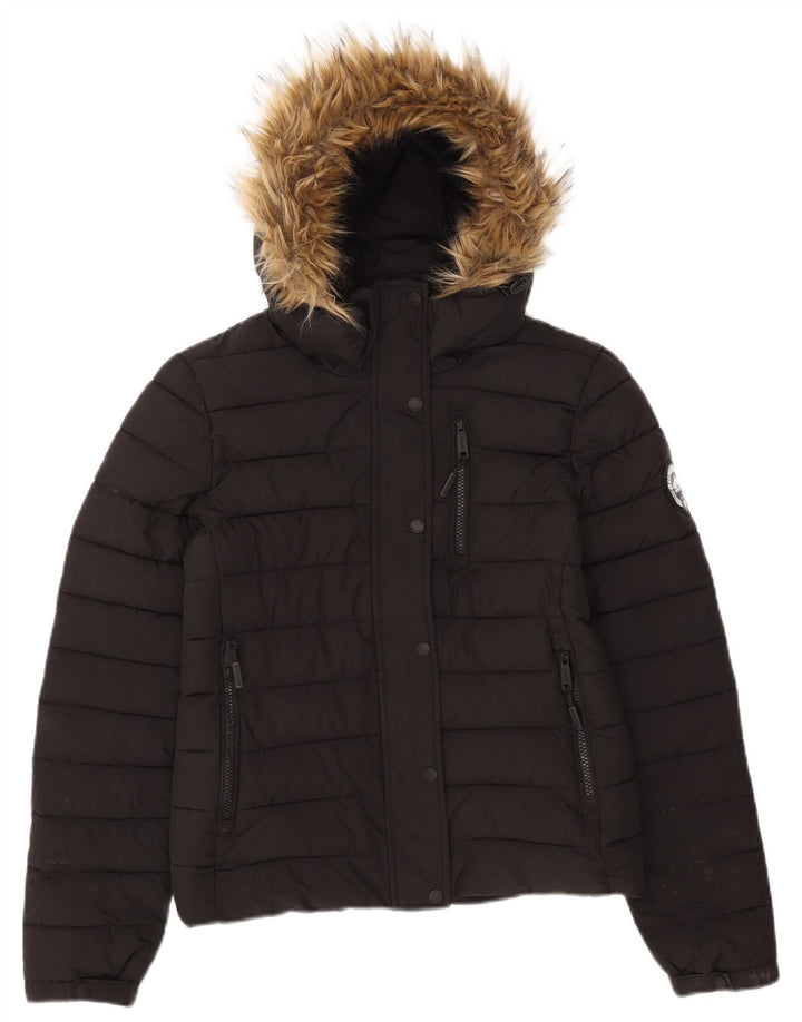 Jachetă căptușită cu glugă Superdry pentru femei UK 10 Poliester negru mic
