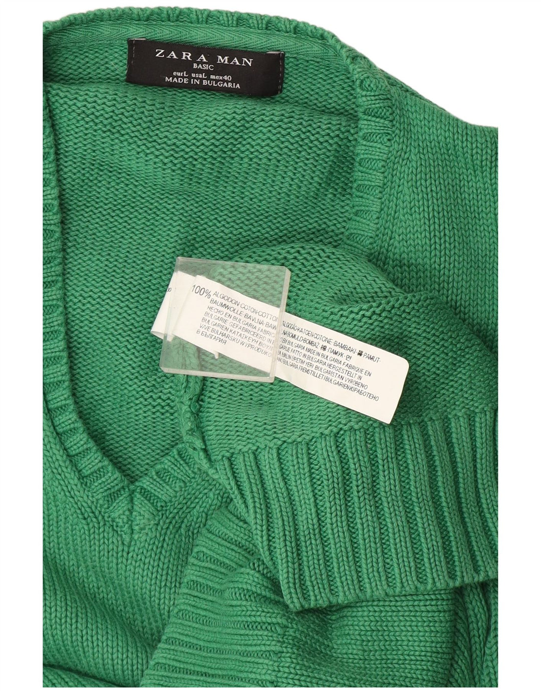 Pulover pentru bărbați Zara, cu decolteu în V, mare, verde, bumbac