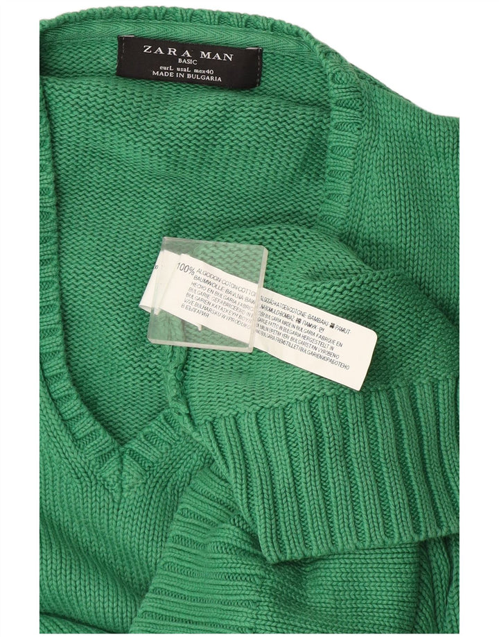 Pulover pentru bărbați Zara, cu decolteu în V, mare, verde, bumbac