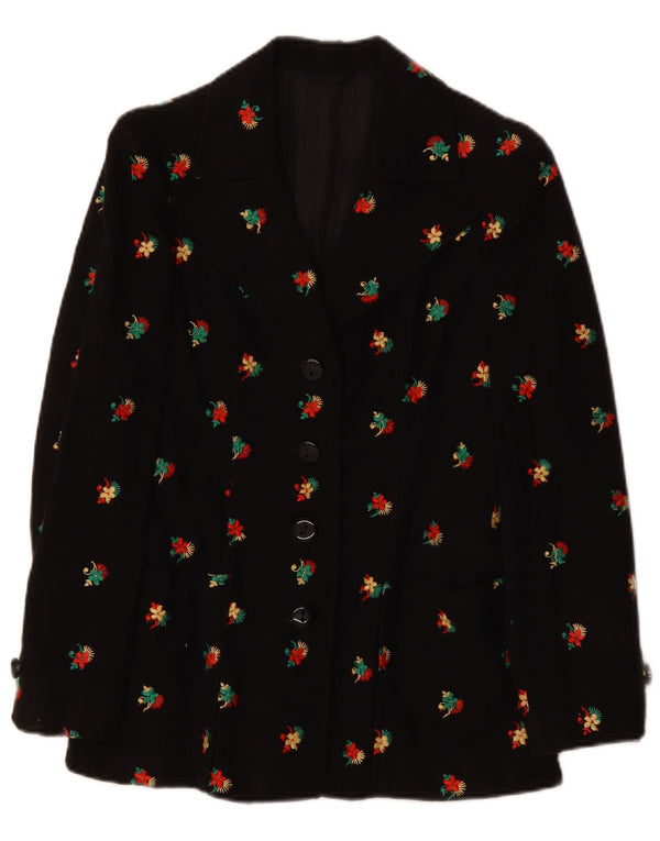 Jachetă de damă VINTAGE Blazer cu 4 nasturi UK 10 Mic Negru Floral