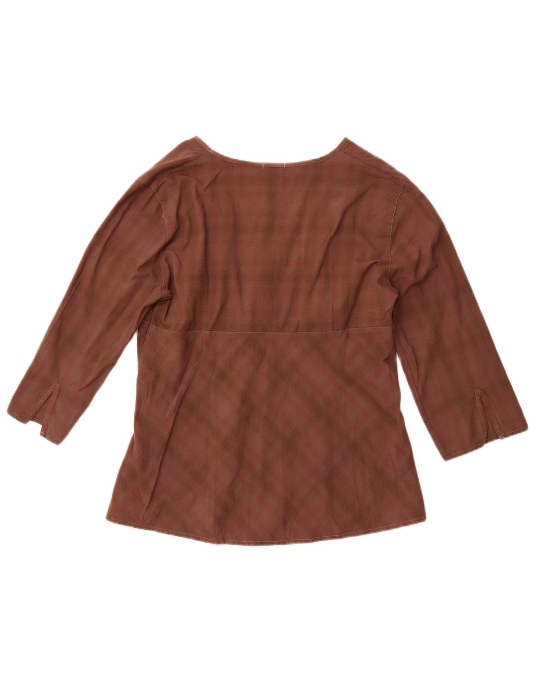 BENETTON Womens 3/4 Sleeve Blouse Top UK 12 Medium Brown Check Cotton