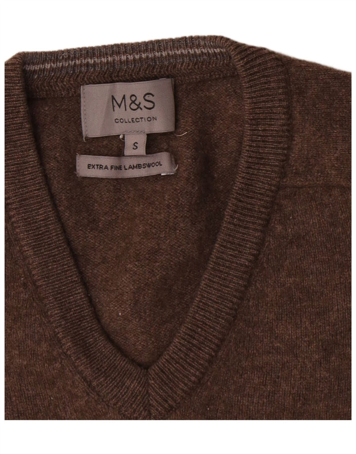Pulover pentru bărbați Marks & Spencer, cu decolteu în V, din lână de miel maro mică