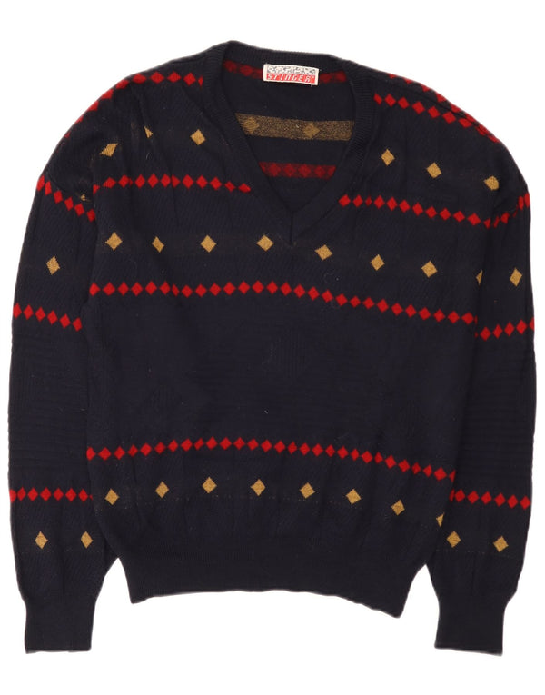 Pulover Vintage pentru bărbați cu decolteu în V EU 38 Mic Bleumarin Geometric