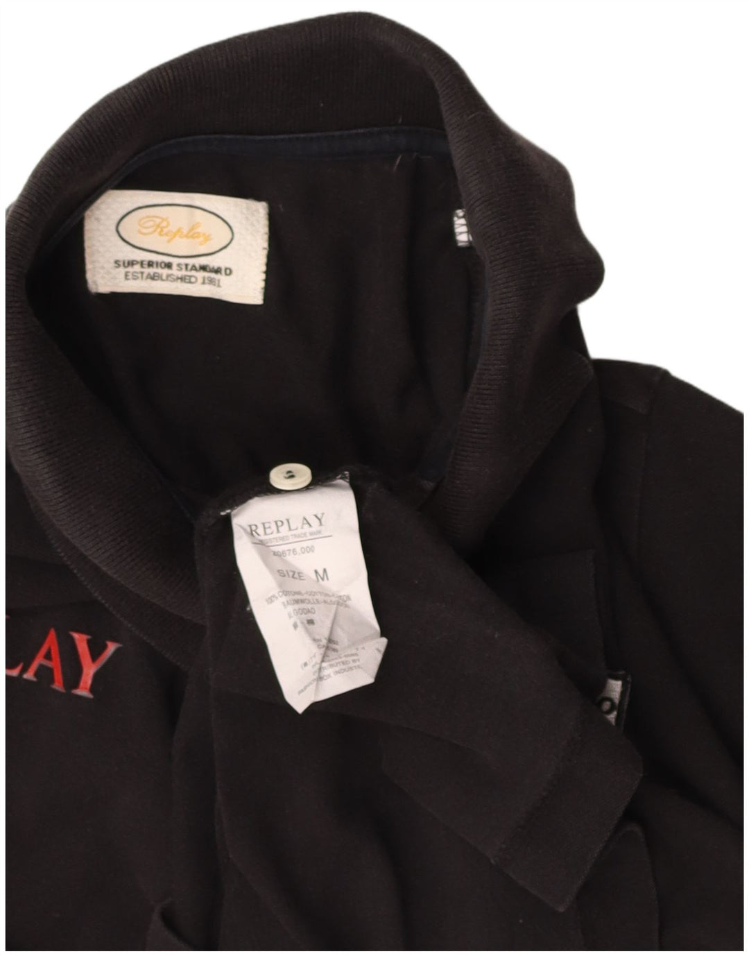 REPLAY Mens Graphic Polo Shirt Medium Black Cotton