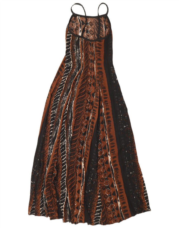 Rochie maxi fără mâneci vintage pentru femei UK 12 Medium Brown Geometric Viscose