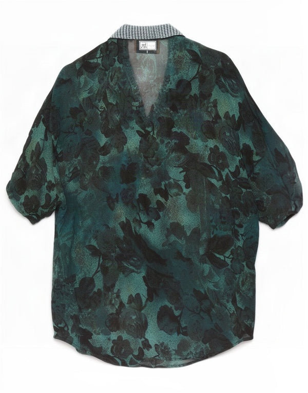 Bluză vintage cămașă cu mânecă scurtă pentru femei UK 14 Medium Green Floral
