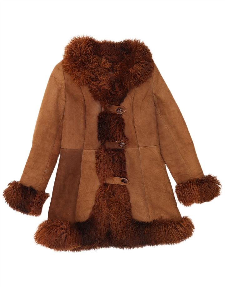 Palton vintage pentru femei din shearling UK 8 mic maro mozaic