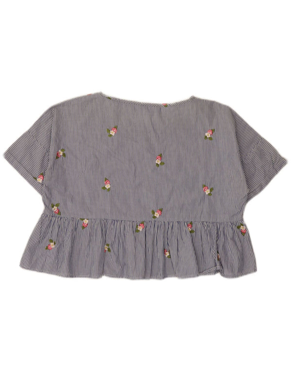 Zara Womens Oversized Crop Blouse Top UK 10 Small Blue Pinstripe Cotton