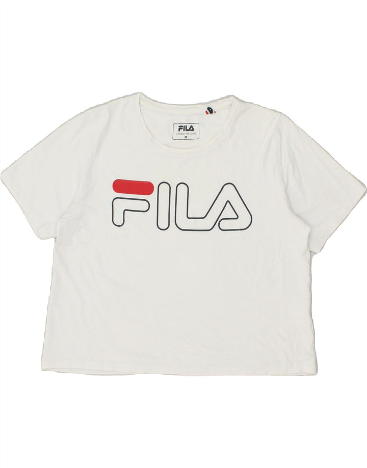 FILA Womens Crop Graphic T-Shirt Top UK 14 Medium White | Vintage Fila | Thrift | Second-Hand Fila | Used Clothing | Messina Hembry 