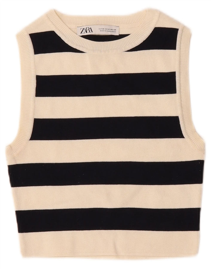 Crop Top fără mâneci pentru femei Zara UK 12 Medium White Striped Viscose