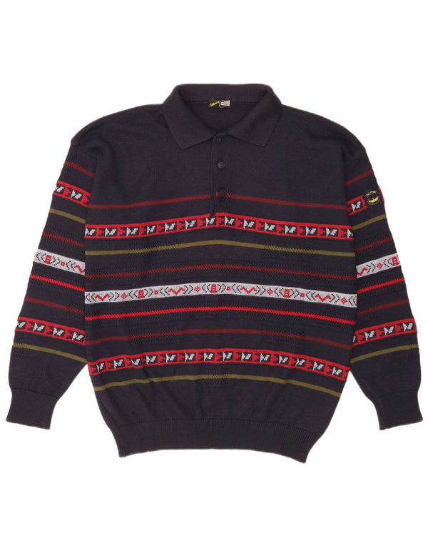 Pulover Vintage pentru bărbați cu gât polo XL Lână cu dungi bleumarin