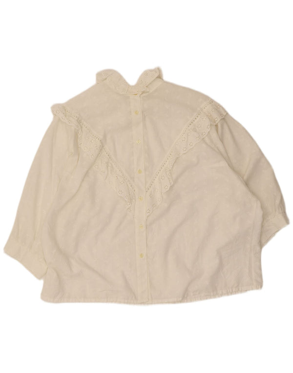 Bluză vintage pentru femei cu mâneci 3/4 cu volane în față, UK 20 2XL, alb