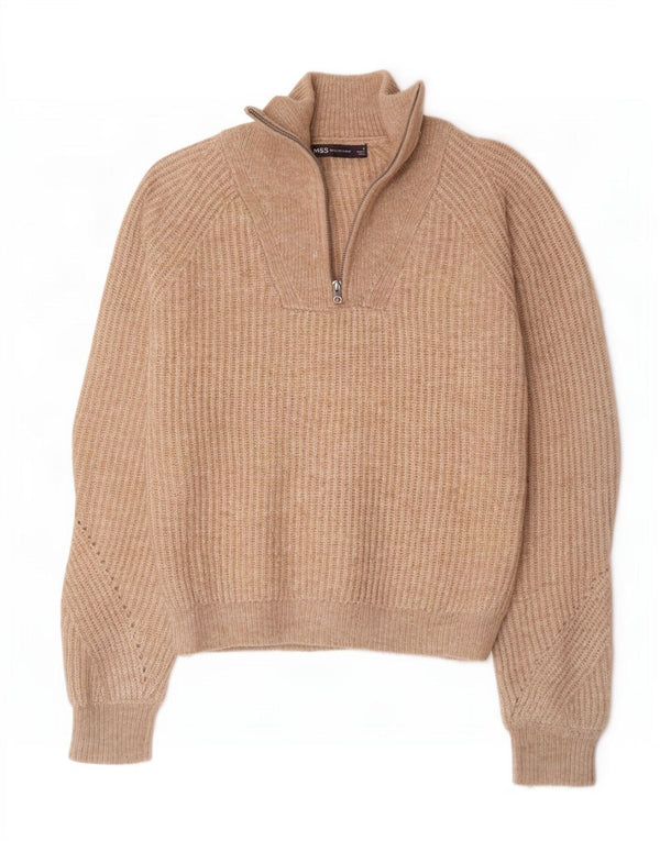 Marks & Spencer Womens Zip Neck Jumper Sweater UK 10 Small Brown Flecked