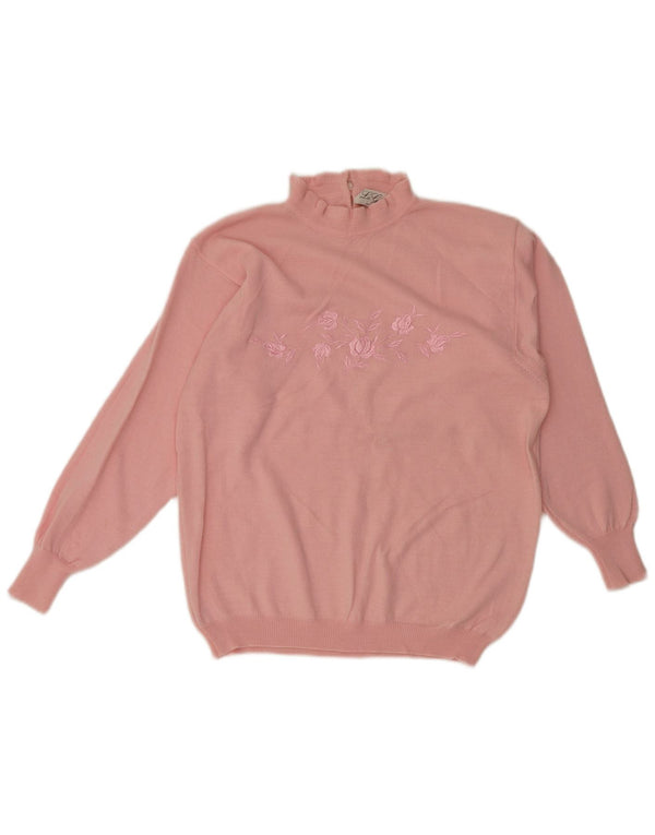 Pulover vintage cu gât țestoasă pentru femei UK 12 Medium Pink Floral Retro