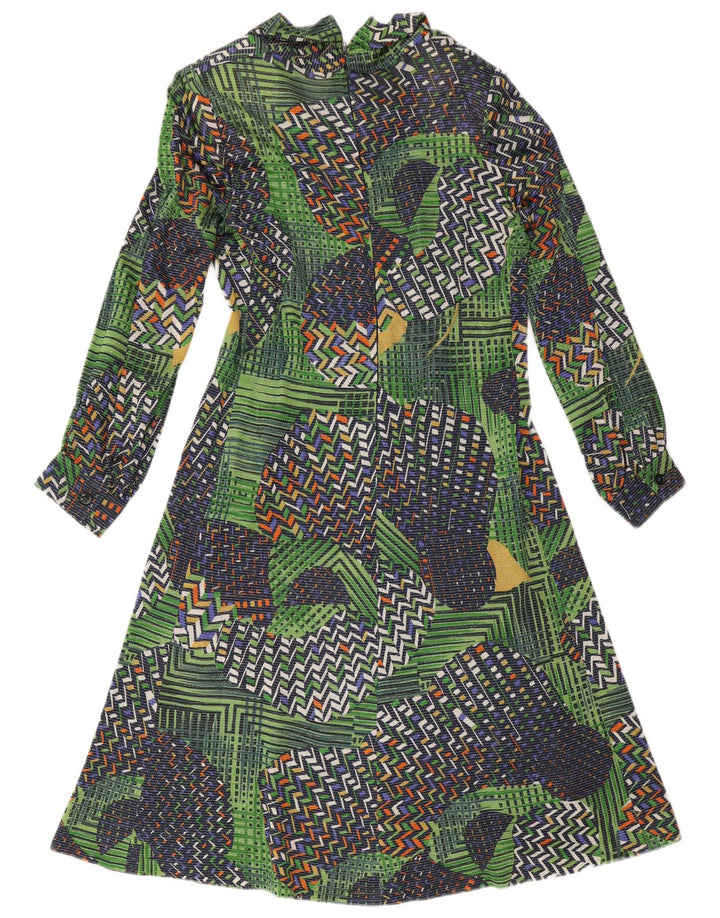Rochie vintage pentru femei cu mâneci lungi în linie A UK 14 Medium Green Patchwork