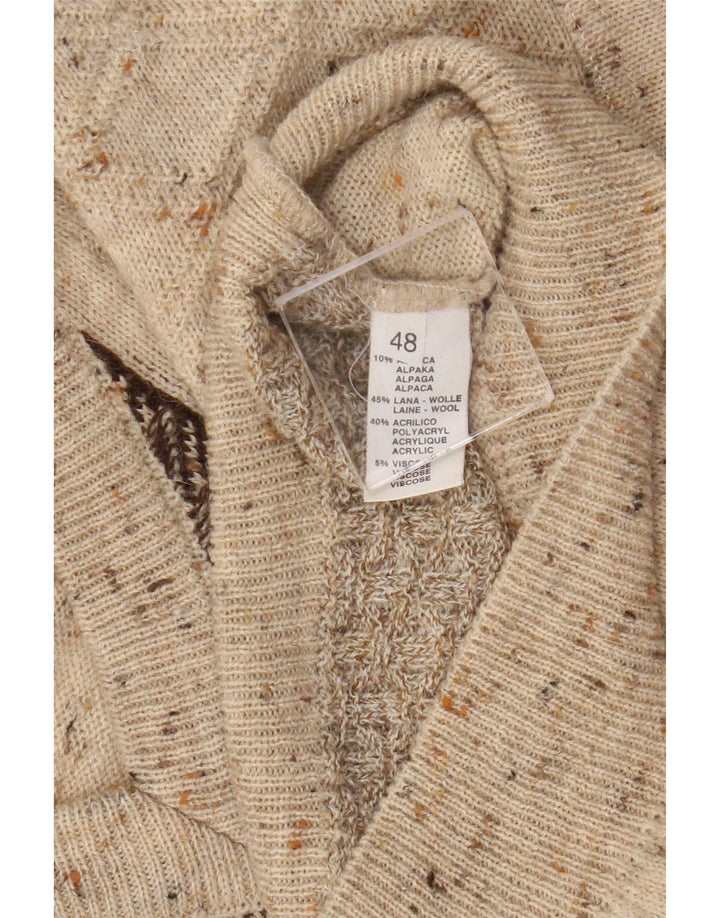 Pulover vintage pentru bărbați cu decolteu în V IT 48 Medium Bej Lână color bloc